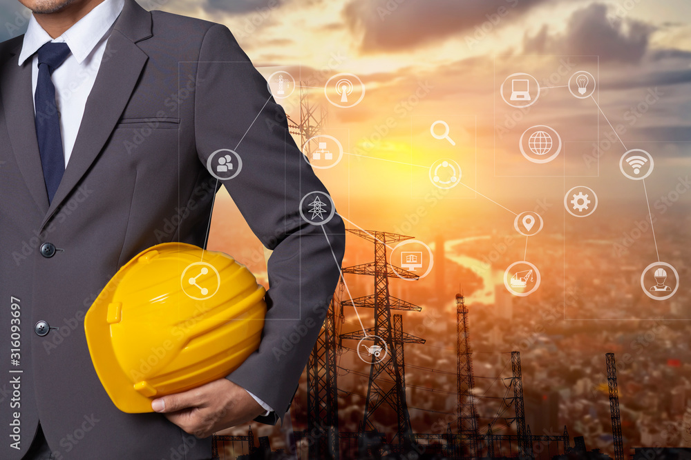 Poster double exposure engineering using digital technology interfaces icon with construction cranes no cit