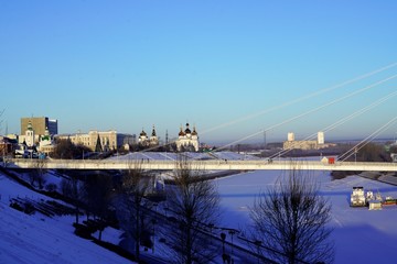 Cable-stayed bridge in Russia in winter panoramic scene