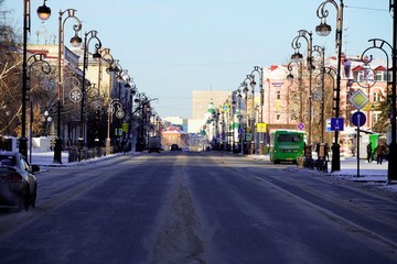 street in siberian city in winter morning