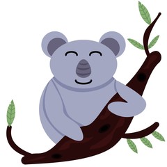 Happy and kind koala smiling sits on tree branch with pink cheeks isolated on white background for postcards to print children's illustration