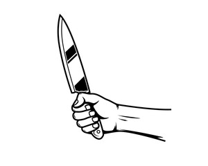 Hand holding a sharp knife or dagger logo element - vector line art illustration.