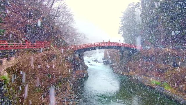 Snow at the Shinkyo Bridge, Nikko, Japan