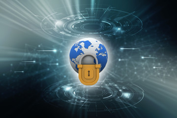 3d illustration Safety concept: Closed Padlock with globe on digital background