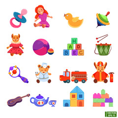 Set of children's toys in flat style.