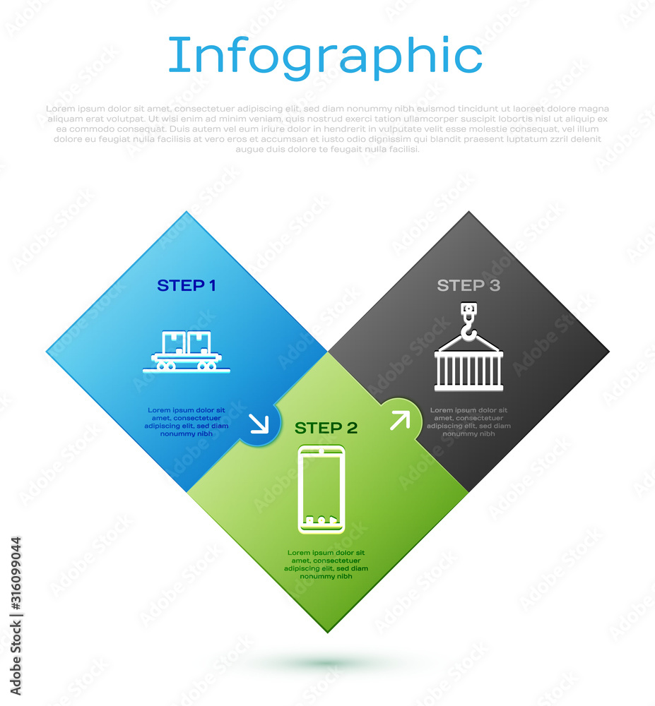 Poster set line railway carriage , container on crane and mobile phone with app delivery tracking. business
