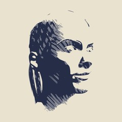 Sketch of a woman face. Half turn view. Engraved effect