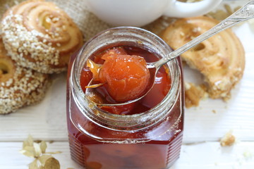 homemade apple jam in glass jar