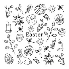 Hand drawn Easter set of icons and elements on a white isolated background. Doodle, simple outline illustration.