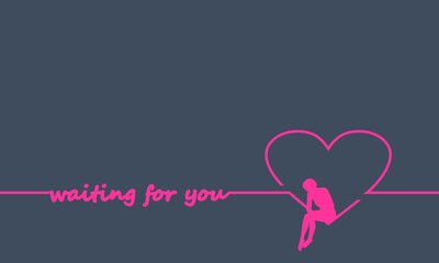 Illustration of a woman sitting in heart shape icon. Sadness and loneliness. Unhappy love metaphor. Waiting for you text