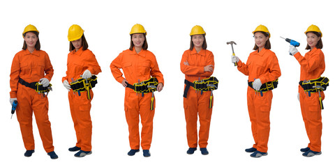 Collection set of construction workers wearing Orange Protective clothes, helmet hand holding Craftsman tool with tool belt isolated on white backround