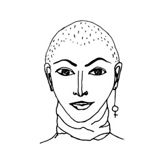 Vector illustration with a portrait of a young feminist woman. Line drawing of a girl bald in face with a sign of feminism earring in her ear. Outline