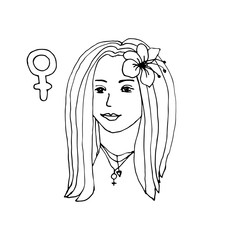 Vector illustration with a portrait of a young feminist woman. Line drawing of a ong hair girl with a flower and pendant sign of feminism on her neck. Outline