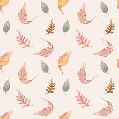 Fototapeta na wymiar Seamless pattern watercolor illustration hand painting forest leaves flowers seeds winter autumn fall wrapping fabric wallpaper textile bed linen