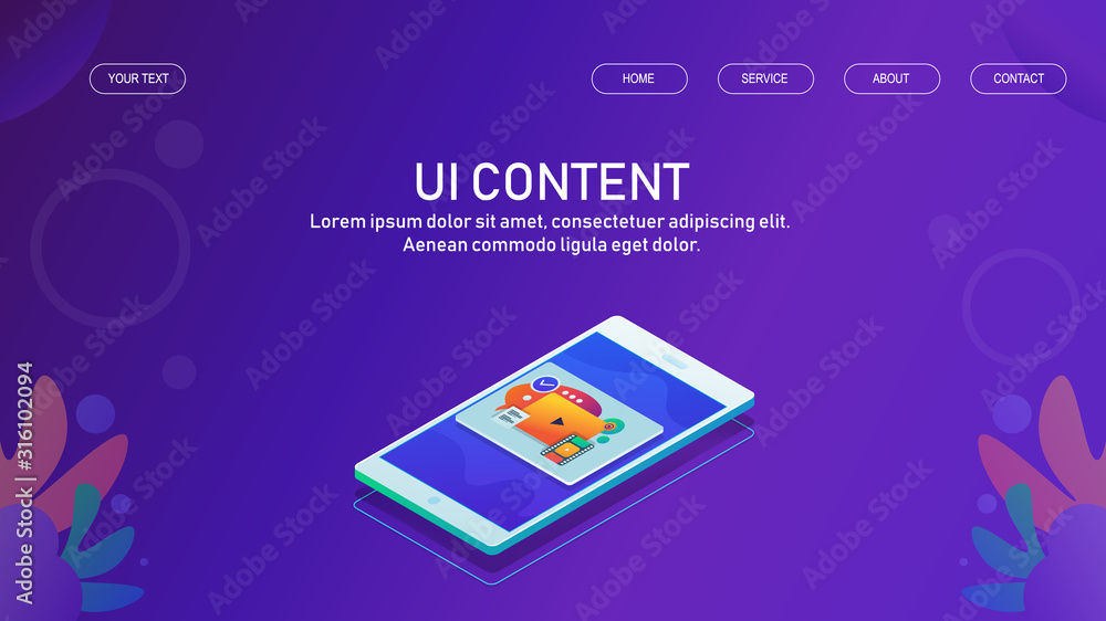 Poster multimedia content on mobile screen, user interaction concept, isometric design. web banner and land