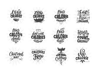 No calories, Zero calories, Low calories product, . Set of vintage retro handmade badges, labels and logo elements, symbols, phrases, slogans