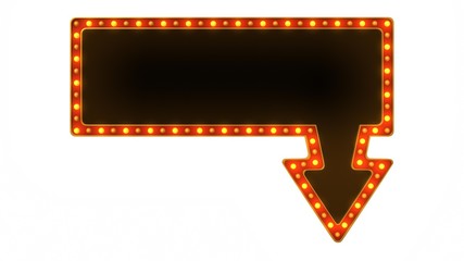 Arrow marquee light board sign retro on white background. 3d rendering