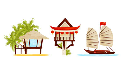 Asian Resort and Holiday Symbols with Water Transport and Beach Hut with Straw Roof Vector Set