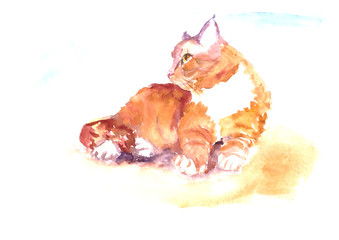 watercolor lying sleeping striped ginger cat