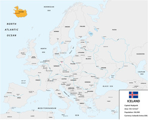 Location of Iceland on the European continent with small information box and flag