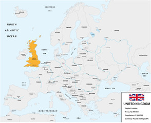 Location of United Kingdom on the European continent with small information box and flag