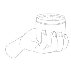 female hand holding a jar of cream contour vector illustration