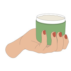 female hand holding a jar of cream vector illustration in color
