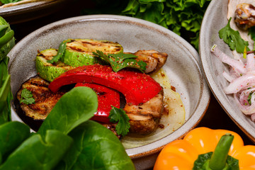Georgian cuisine. Delicious grilled vegetables zucchini eggplants, champignon mushrooms and sweet red pepper bbq.