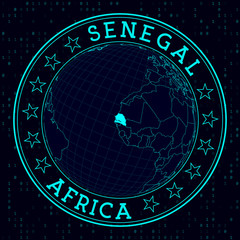 Senegal round sign. Futuristic satellite view of the world centered on Senegal. Country badge with map, round text, and binary background. Awesome vector illustration.