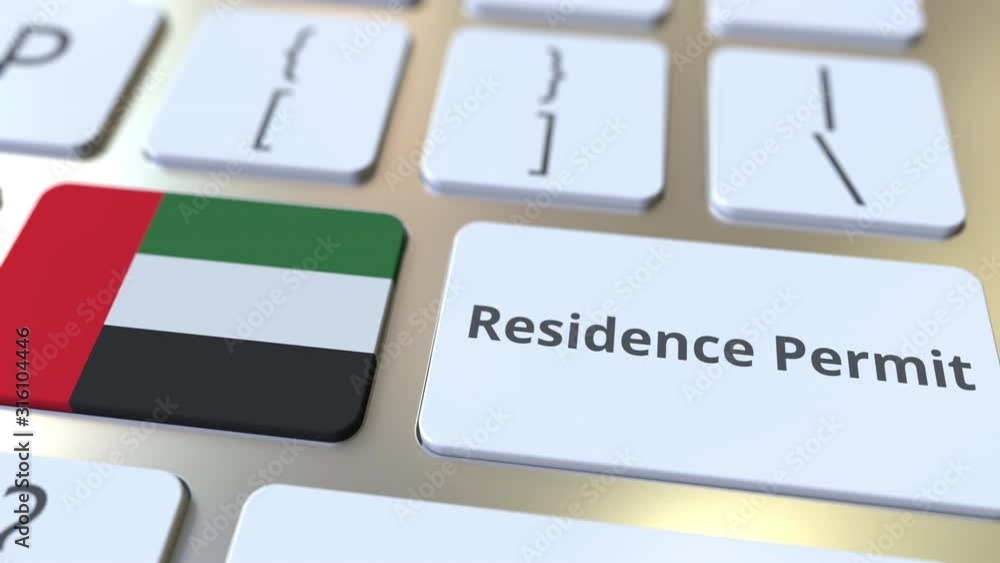 Poster residence permit text and flag of the united arab emirates uae on the buttons on the computer keyboa