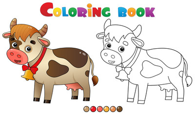 Obraz premium Coloring Page Outline of cartoon cow with bell. Farm animals. Coloring book for kids.