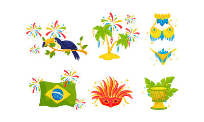 Festive Brazil Attributes and Symbols with Drum and Carnival Mask Vector Set