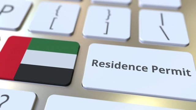 Residence Permit text and flag of the United Arab Emirates UAE on the buttons on the computer keyboard. Immigration related conceptual 3D animation