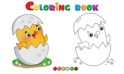 Coloring Page Outline of cartoon chick with egg. Farm animals. Coloring book for kids.