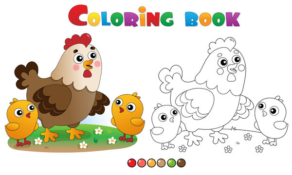Coloring Page Outline of cartoon chicken or hen with chicks. Farm animals. Coloring book for kids.