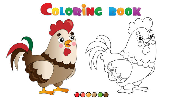 Coloring Page Outline of cartoon rooster. Farm animals. Coloring book for kids.