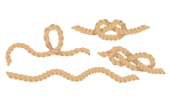 Rope Fastening in Different Knots Isolated on White Background Vector Set