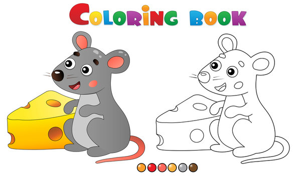 Coloring Page Outline of cartoon mouse with cheese. Animals. Coloring book for kids.