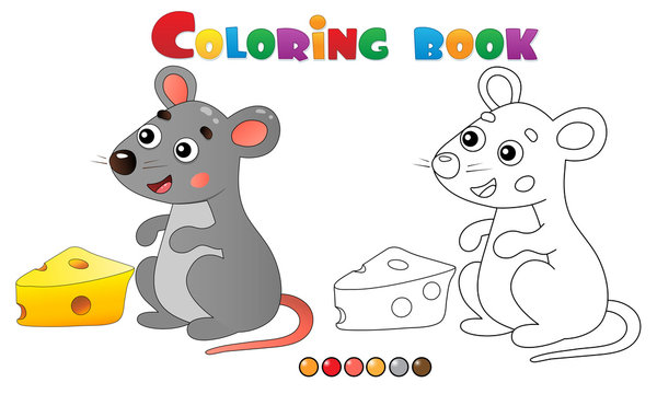 Coloring Page Outline of cartoon mouse with cheese. Animals. Coloring book for kids.