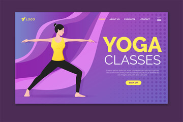 Yoga classes landing page template. Woman doing warrior 2 pose. Web page design for website and mobile website