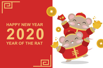 Happy Chinese New Year 2020 Year of The Rat Banner Design.Little cute rat in red costume cartoon vector