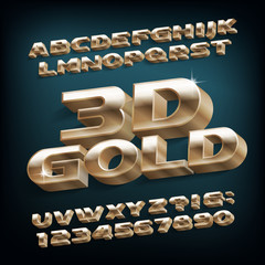 3D Gold alphabet font. 3d effect modern letters and numbers. Stock vector typeface for your design.