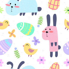 Seamless pattern with cartoon rabbits, eggs, birds, flowers, decor elements. Festive colorful vector for easter. hand drawing. design for fabric, wrapper, print