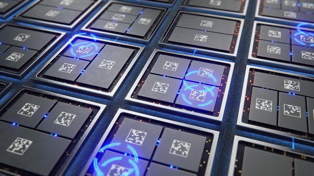 Abstract Motherboard circuit with microchips and animated electric signals 3d render