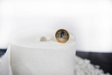 Abstract photo with toilet paper concept. Euro coin on white toilet paper roll.