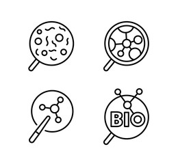 Bacteria medical test. Microscope magnifier search bio formula. Outline contour line vector icon set.