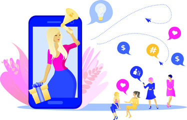 Social media influencer marketing concept. Influence opinion leader. Blogger woman with loudspeaker broadcasts from the mobile screen. Concept of referral marketing. Group of buyers or consumers. 