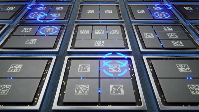Abstract Motherboard circuit with microchips and animated electric signals 3d render