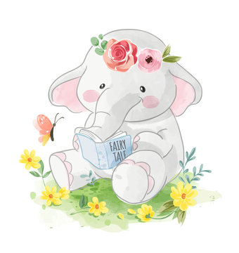 cartoon elephant reading a book in the garden