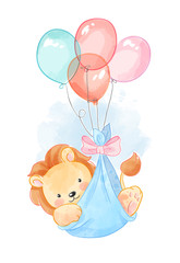 cute lion in balloons cradle illustration