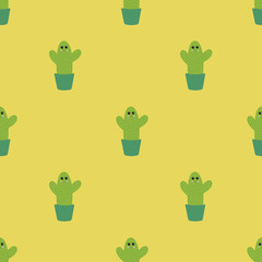 Seamless pattern with cute cactus on a yellow background. Vector.